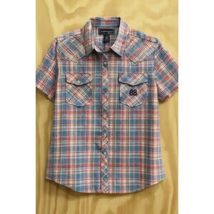 Bit & Bridle For Her Western button Shirt XL Red Blue Plaid SS 100% Cotton